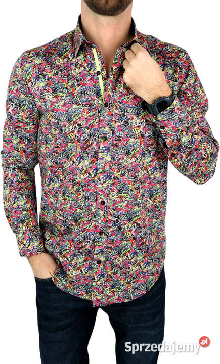 DANIEL BESSI Koszula Męska Fb064 Kolorowa Napisy Ostrów Wielkopolski