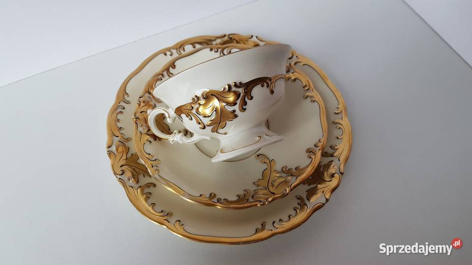Trio filiżanka spodeczek talerzyk Złoty Liść KPM Dąbrowa Górnicza