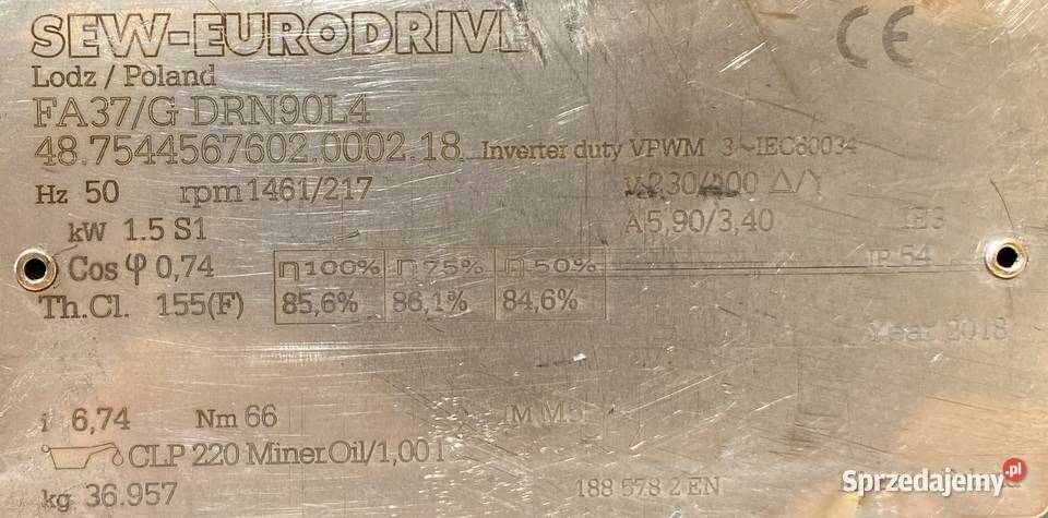 motoreduktor przekładnia 15kW 217obr SEW kujawsko-pomorskie Pigża