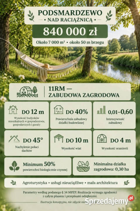 Działka siedliskowa z linią brzegową Warszawy 1h Podsmardzewo sprzedam