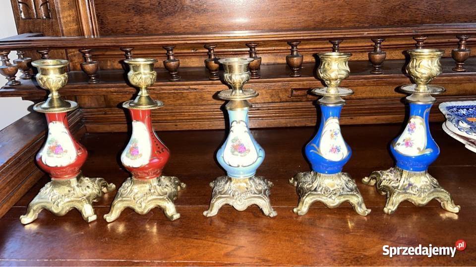Świecznik porcelana i mosiądz Szafirowy malowany pomorskie Gdańsk
