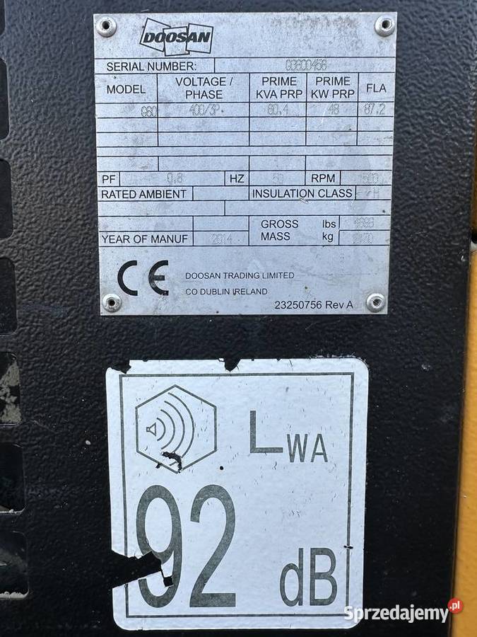 Agregat prądotwórczy Doosan 60 kVA z silnikiem Bystra Podhalańska