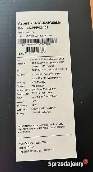 Laptop Acer Aspire 7540G524G50Mn 17 w świetnym