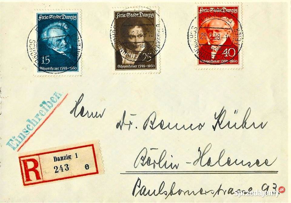 WMG DANZIG 1938 koperta polecona wysyłka pomorskie Człuchów