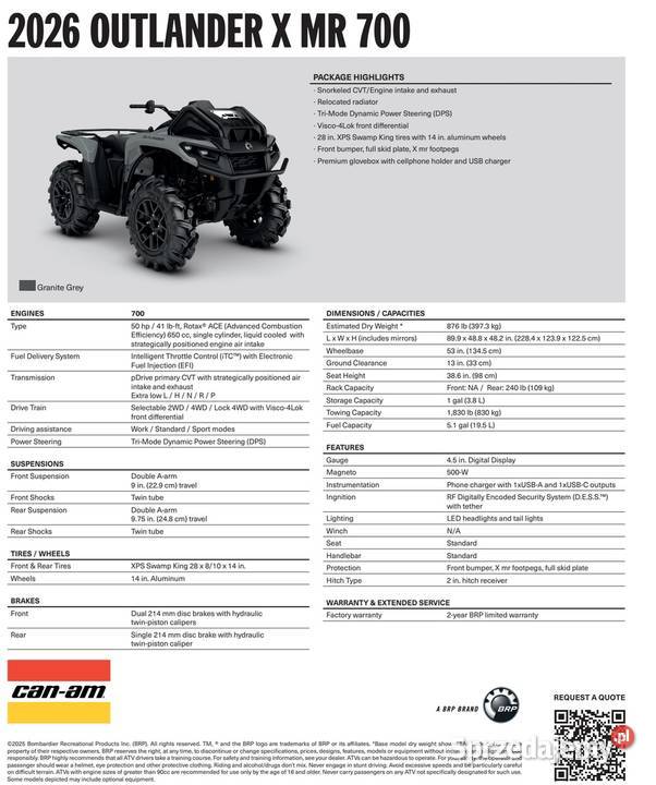 CanAm Outlander X MR 700 1STD 2026 Granite Grey Rok produkcji 2026 Motocykle, skutery, quady Nowy Sącz