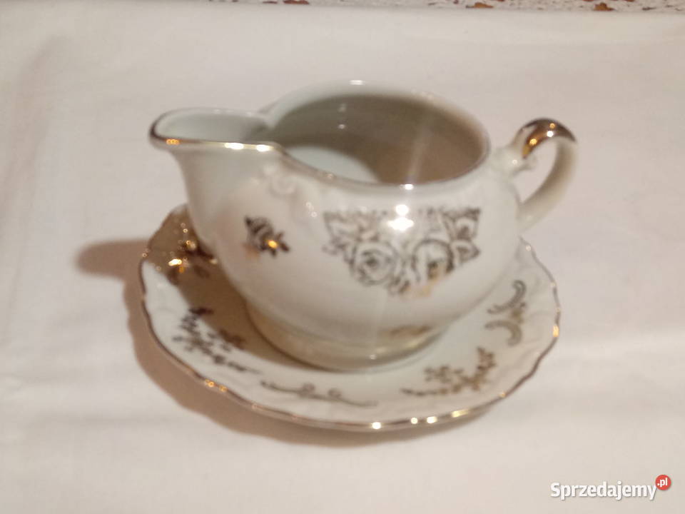 porcelanowy stary mlecznik z talerzykiem Porcelana i szkło