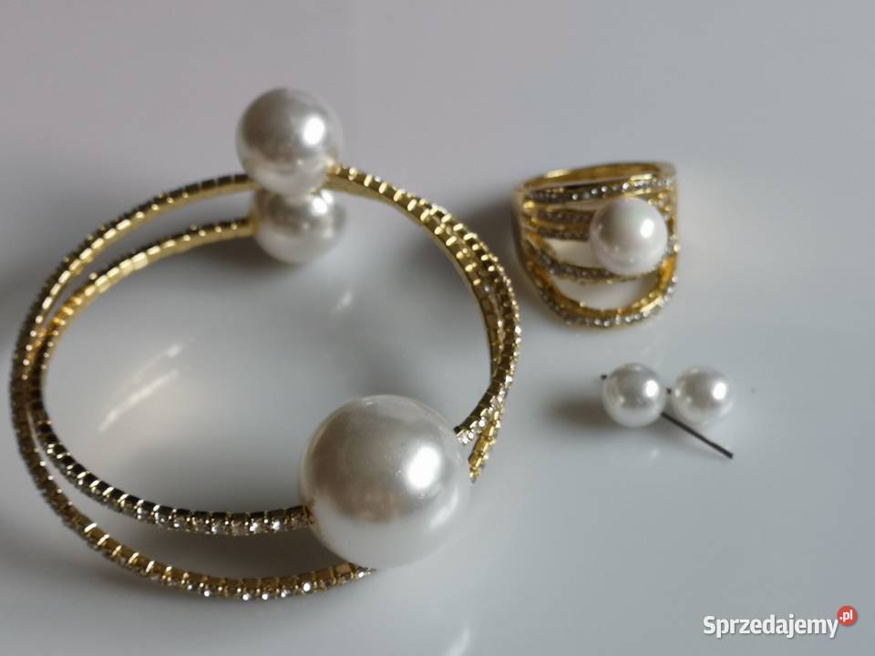 Komplet biżuterii duże perły cyrkonie ślub złoty Zegarki i Biżuteria Kołobrzeg sprzedam