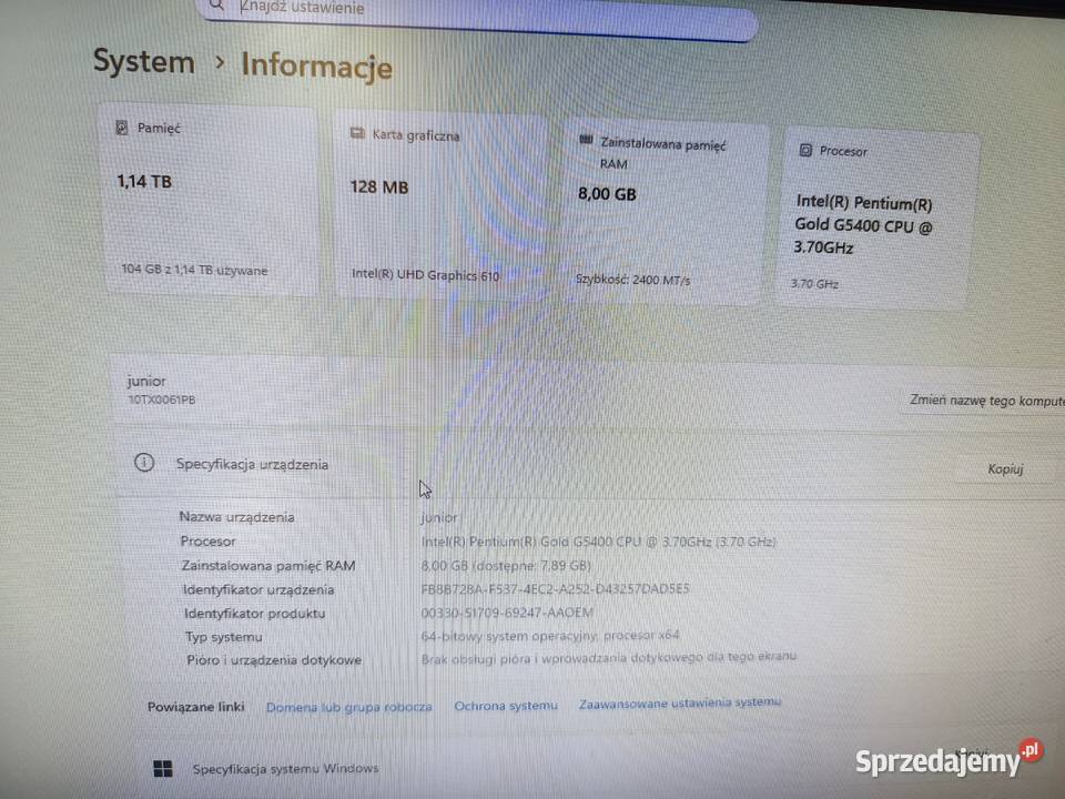 Komputer biurowydomowy Pentium Gold 37GHz 8GB Bydgoszcz