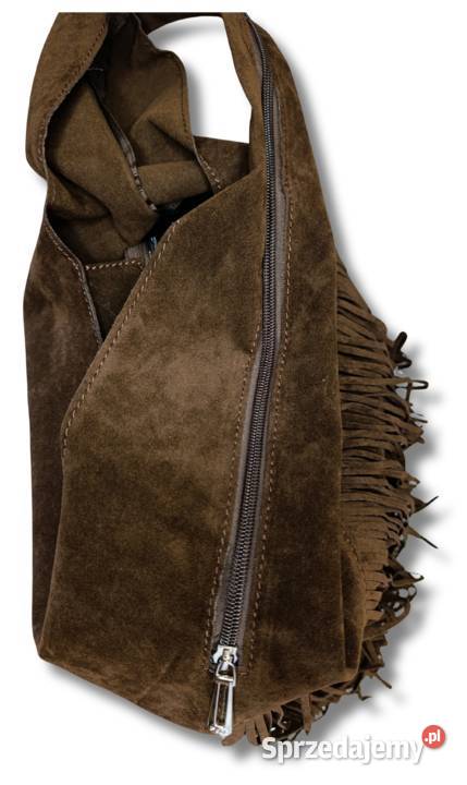 Czekoladowa torebka zamszowa hobo frędzle Żabiczyn