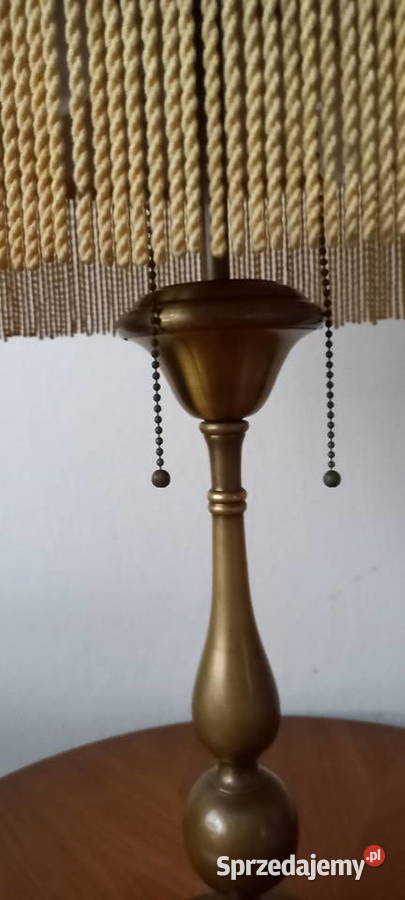 Duża mosiężna lampa gabinetowa klosz z frędzlami Skierniewice