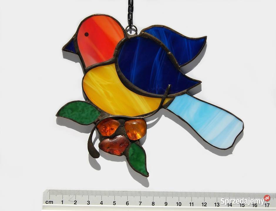 Ptak niebieskożółty z bursztynem bałtyckim wielokolorowy lubelskie Lublin