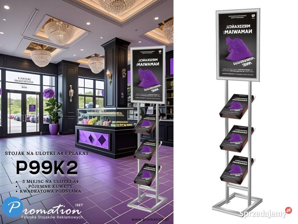 Srebrny stojak metalowy na foldery A4 i plakat mazowieckie