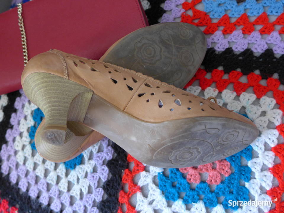 TAMARIS ażurowe czółenka retro skórzane beż nude Warszawa