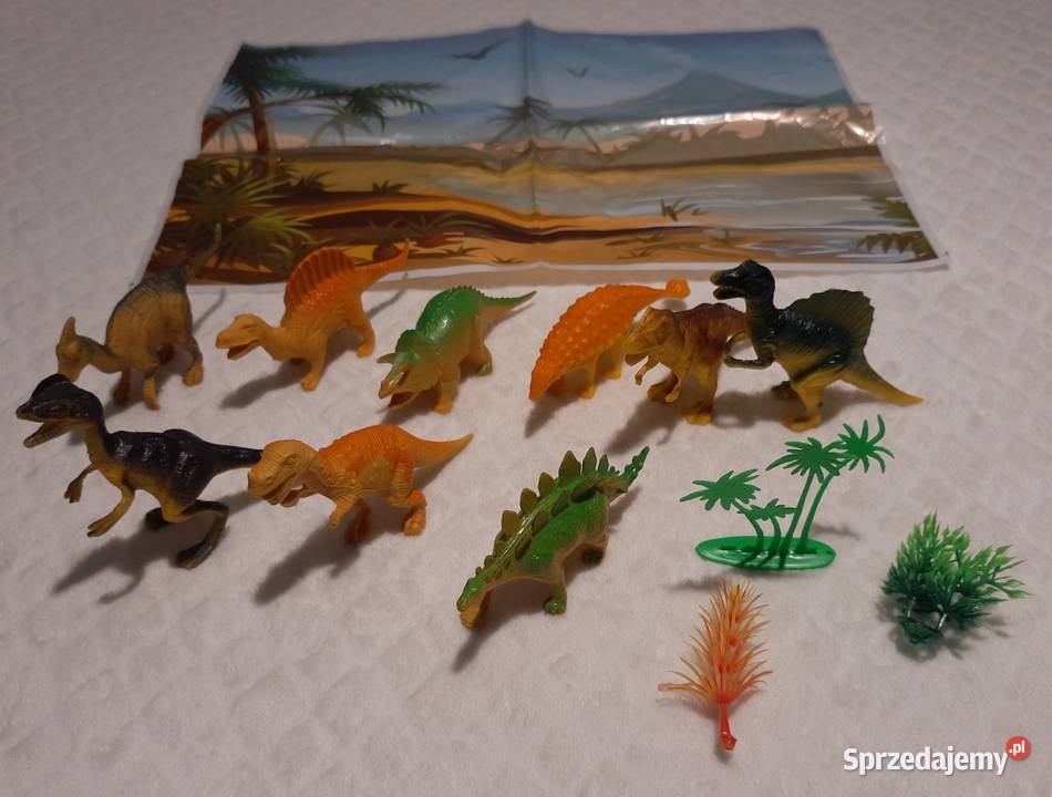 Dinozaury 9 figurek 3 rośliny plansza zestaw Czeladź