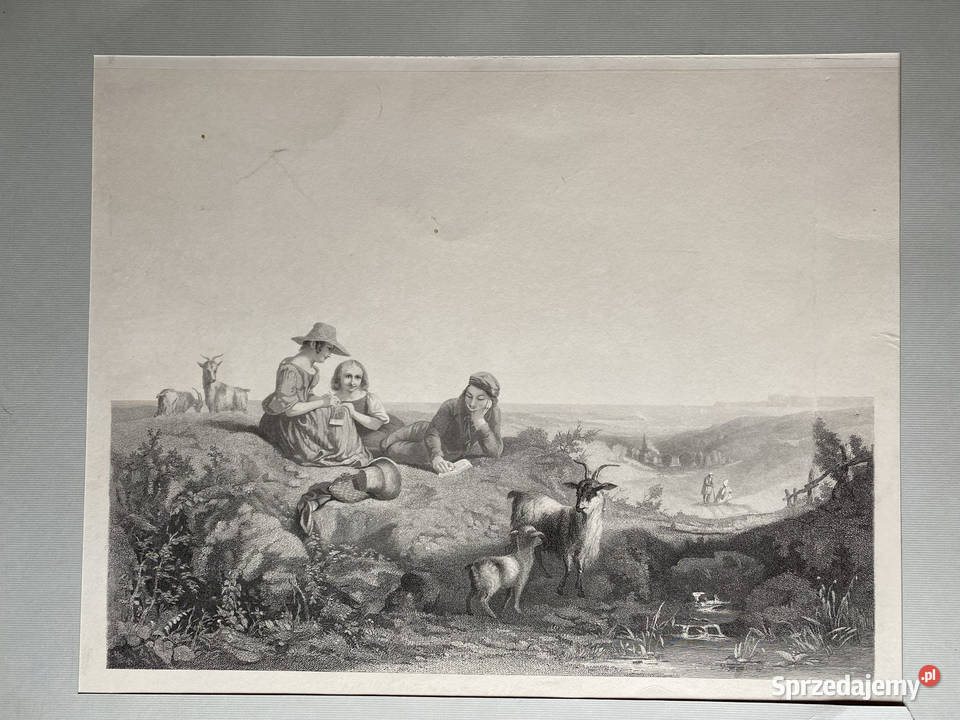 Scena pasterska Duża litografia XIXwieczna mazowieckie