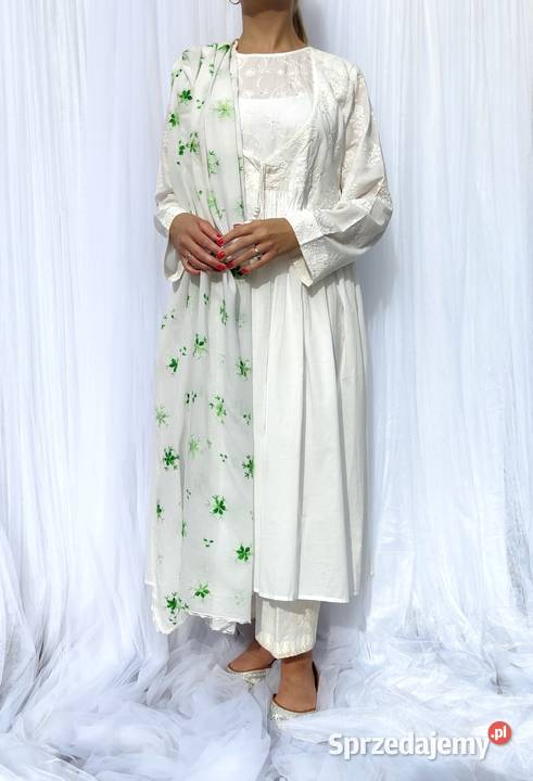 Duża chusta szal dupatta haftowana biała bawełna Dla kobiet Szczecin