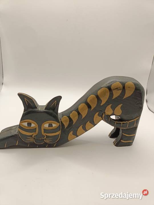 Figurka vintage Kot rzeźba drewno czerń złocenia Zamość sprzedam