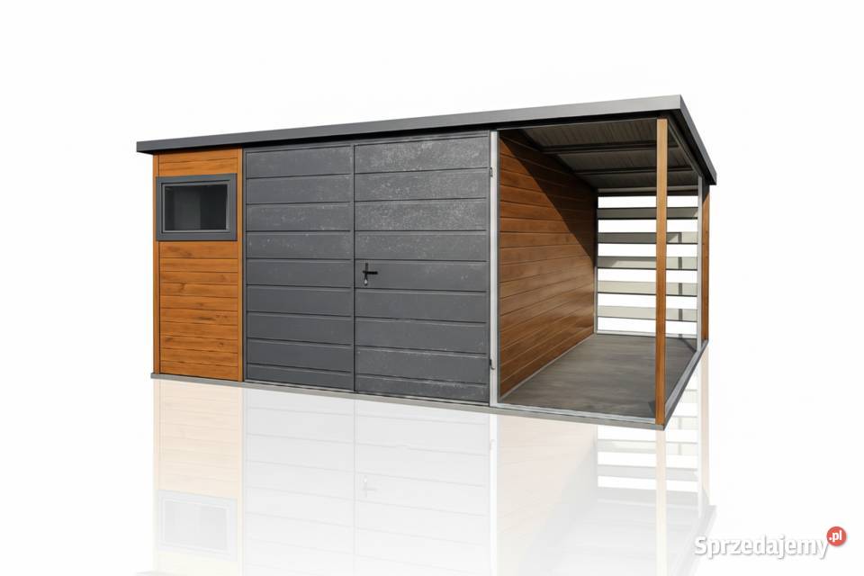 Domek ogrodowy narzędziowy 4x4 + 1m wiata Złoty Dąb + Ciemny Grafit MAT