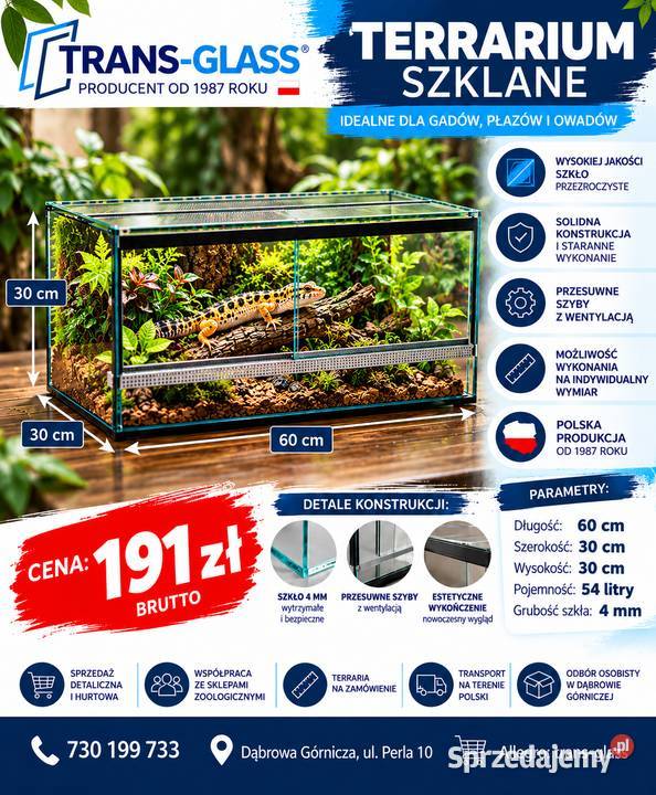 Terrarium szklane 60x30x30 szkło 4 mm producent Dąbrowa Górnicza