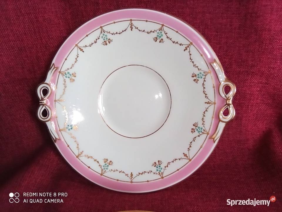 Patera ze złotymi kokardkami 3436 Różowy pasek Porcelana i szkło pomorskie Gdańsk