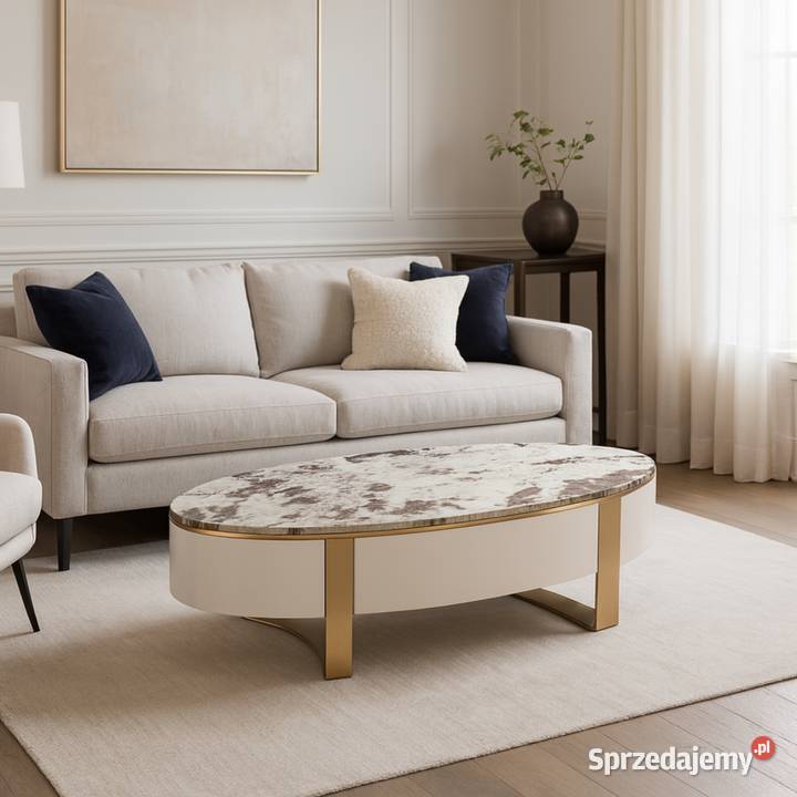 Stolik kawowy biały ława na złotych nogach