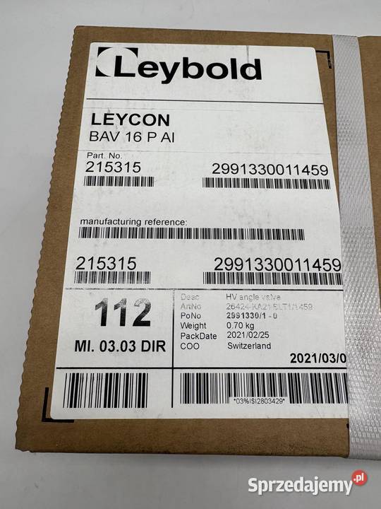 Leybold Leycon BAV 16 P AI Angle Valve Pozostałe Warszawa