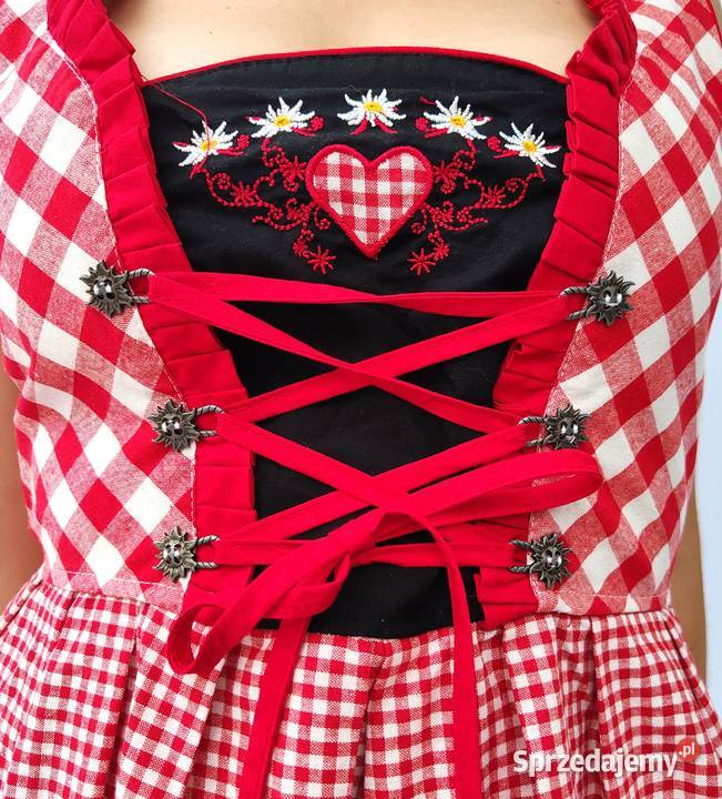 Krótka sukienka folk etno drindl czerwona kratka Szczecin
