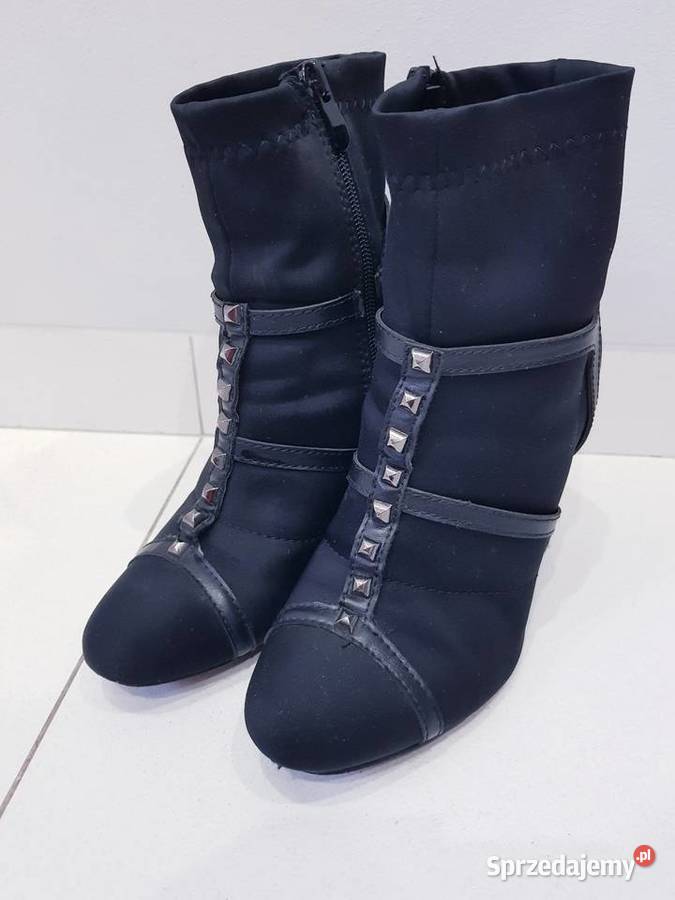 Damskie jesienne botki na słupku z ćwiekami tkanina Półbuty Dąbrowa Górnicza