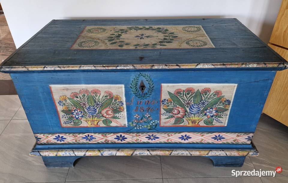 Skrzynia malowana ludowa z 1846 roku 133cm wielkopolskie Słupca