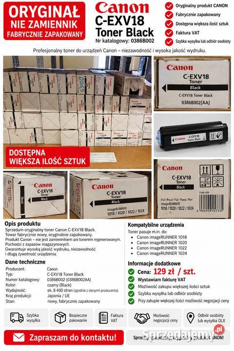 Oryginalny Toner Canon CEXV18 Black 0386B002 zachodniopomorskie Kołobrzeg sprzedam