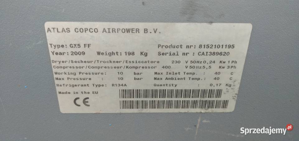 Kompresor Śrubowy Sprężarka Atlas Copco GX 5FF z Łódź
