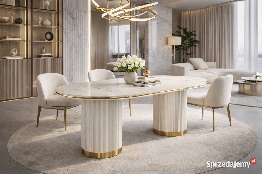 Stół owalny ryflowany 180x90 ecru marmurowy blat Golkowice