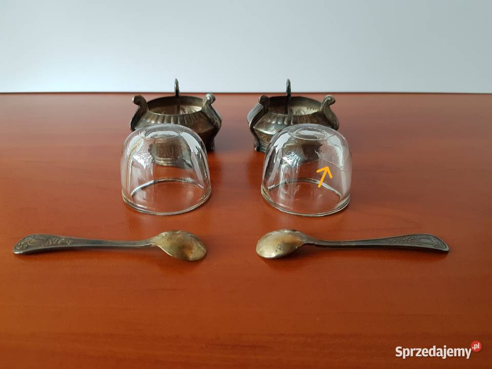 Dwie stare sygnowane solniczki z łyżeczkami ZSRR Dąbrowa Górnicza