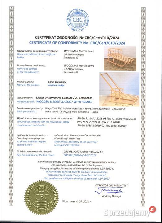 Sanki drewniane CERTYFIKAT MATERACYK PCHACZ Śleszowice