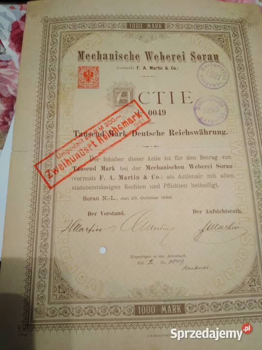 Papiery wartościowe Akcja 1000 marek Tkackie Żary