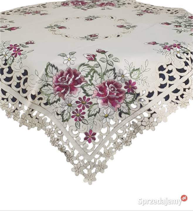 Se073 Haftowany Ażurowy obrus 85x85 beżowy sprzedam