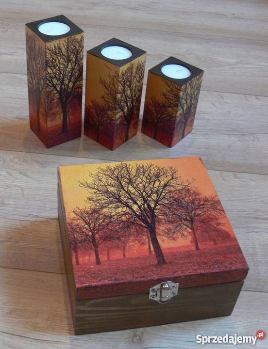 Komplet 3 duże świeczniki szkatułka rękodzieło Halinów