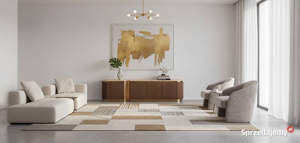 Ryflowana szafka RTV złota drewniana brązowa