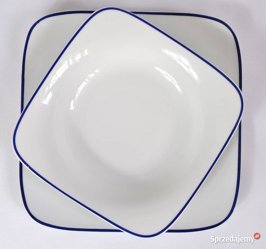 Porcelanowe talerze z niebieskim rantem Warszawa sprzedam