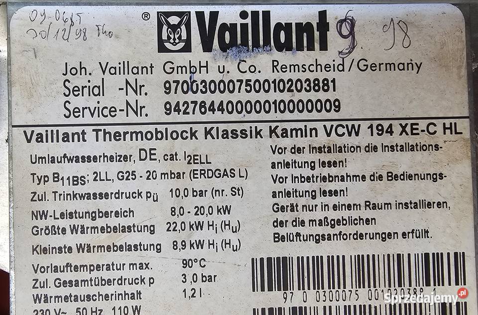 Vaillant Thermoblock Klasik Kamin VCW 194 XEC HL