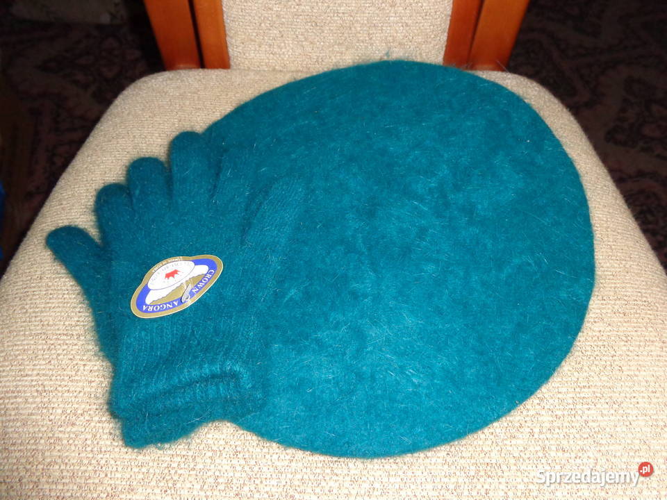 nowy beret z angory turkusowy plus rękawiczki Poznań