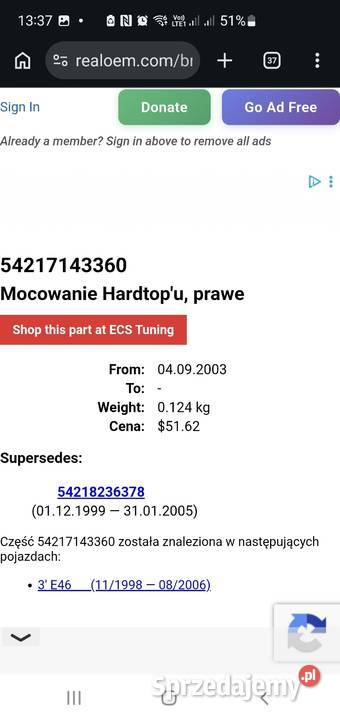 Mocowanie Hardtopa BMW e46 Cabrio 7143355 i Lusowo