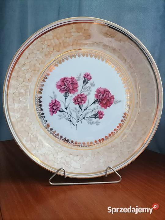 Duży Talerz Patera Dekoracyjna Goździki Porcelana i szkło dolnośląskie Wałbrzych
