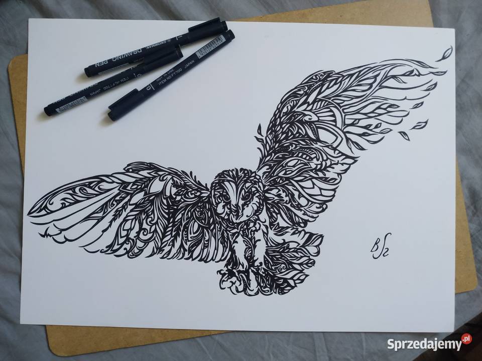 Rysunek sowa cienkopis blok tech A3 250 gm2 mazowieckie Warszawa