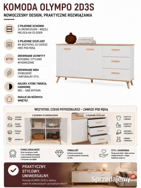 Komoda OLYMPO 2D3S BIAŁA DĄB ARTISAN