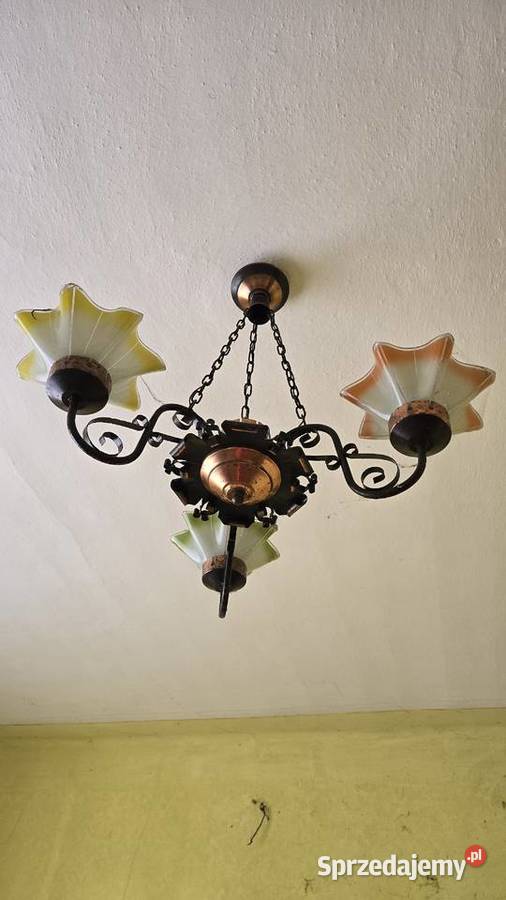 Żyrandol retro miedziana rama szklane kwiaty Lampy wiszące świętokrzyskie Włoszczowa