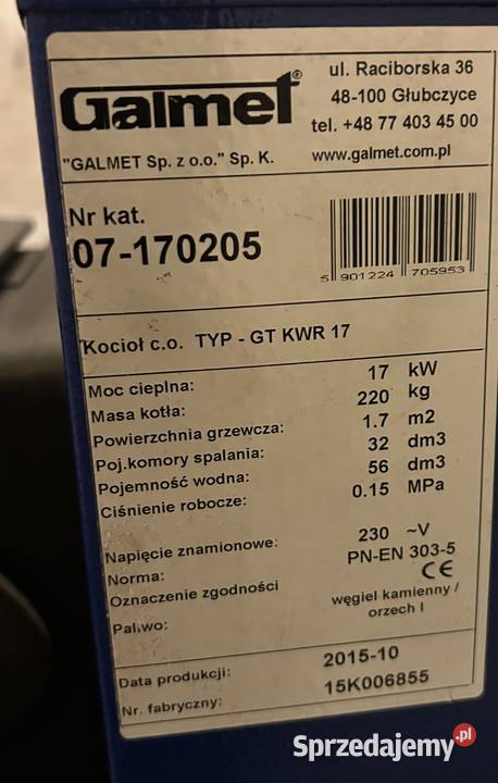Bezklasowy Piec CO Galmet GT KWR 17 kW sprawny Kotły i Piece CO sprzedam