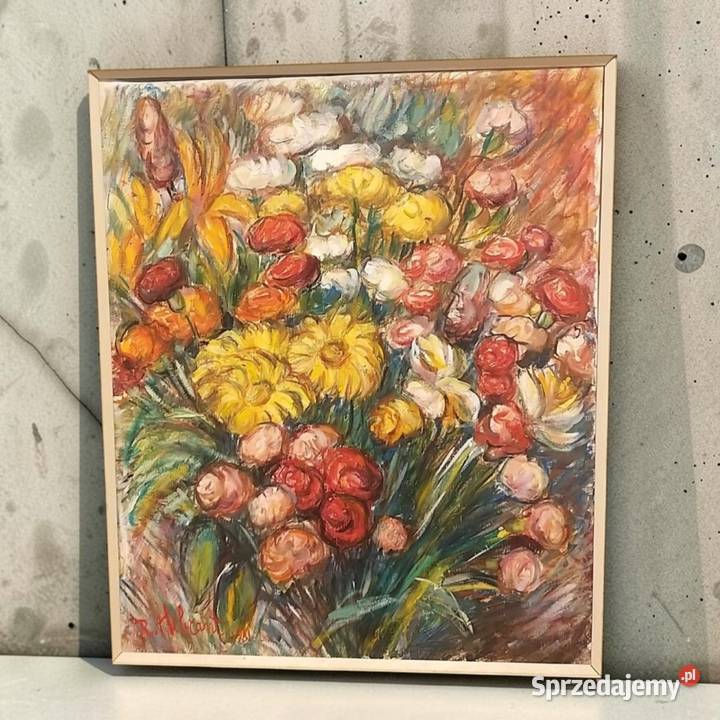 Olej na płótnie Varit de Fleurs R Hebrant 1981r Malarstwo Pomiechówek