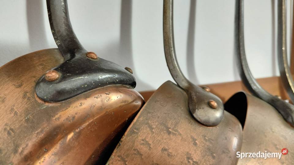 Zestaw Francuskich kutych rondli miedzianych Krzykawa