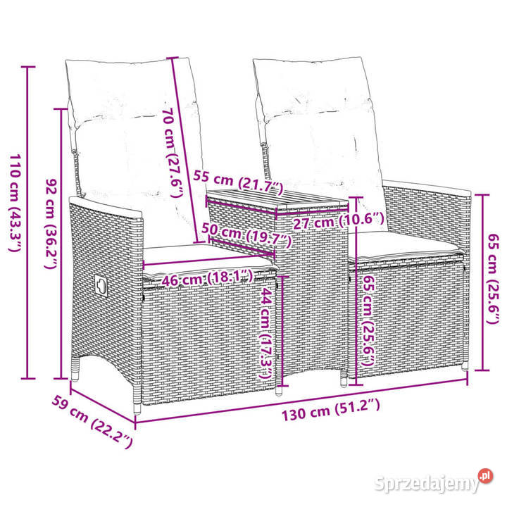 Rozkładana sofa ogrodowa ze stolikiem 2os szara Warszawa